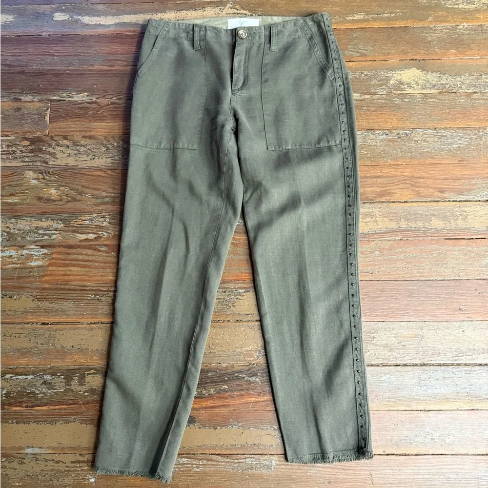 Joie Linen Blend Raw Hem Studded Straight Leg Army Green Pants ~ Sz 0 💚🍄
